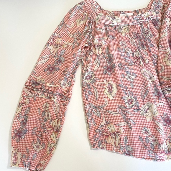 Lauren Conrad Gingham Floral Square Neck Peasant Top Long Sleeve Boho Blouse XS - Picture 7 of 11